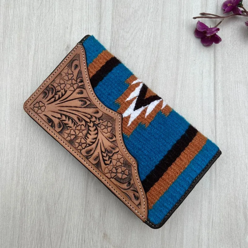 Blue Navajo Slim Wallet with Tooled Leather