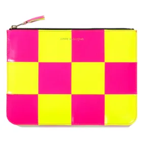 COMME DES GARCONS SA5100 FLUO SQUARES ZIP WALLET YELLOW / PINK