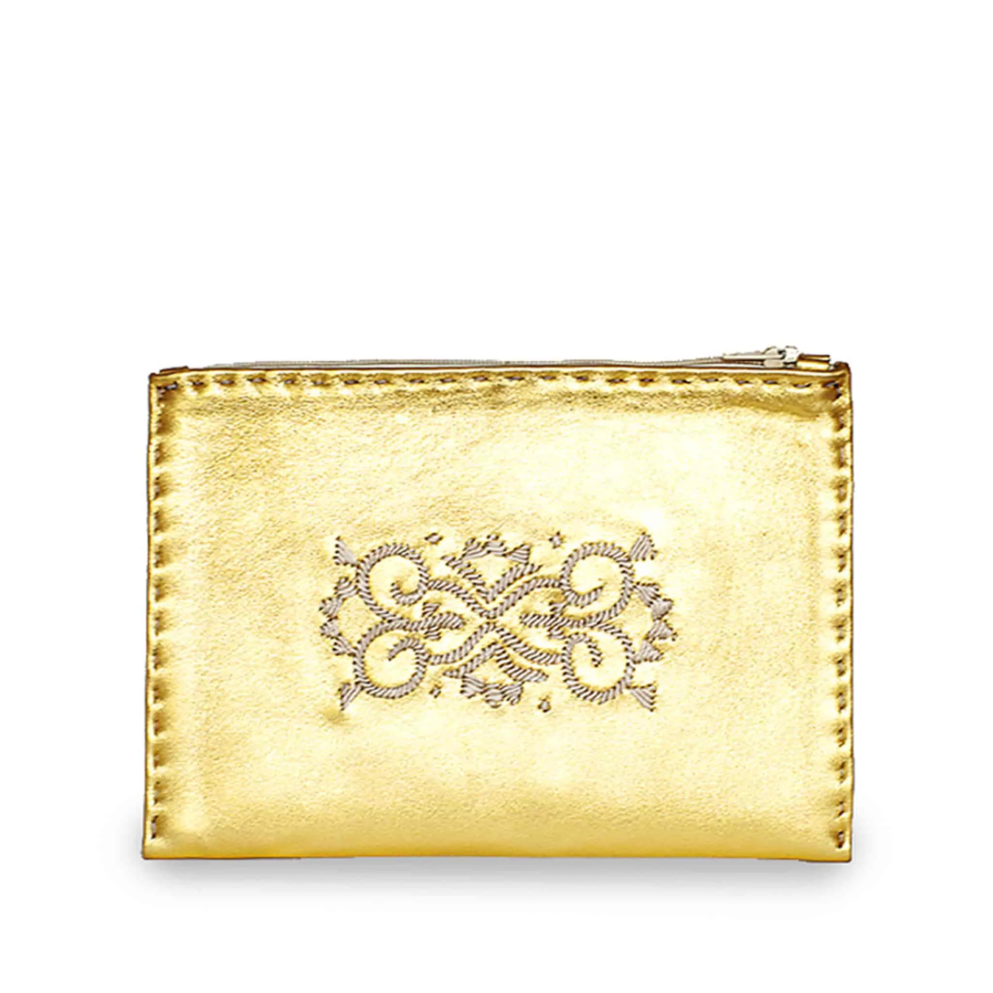 Embroidered Leather Pouch in Gold, Beige