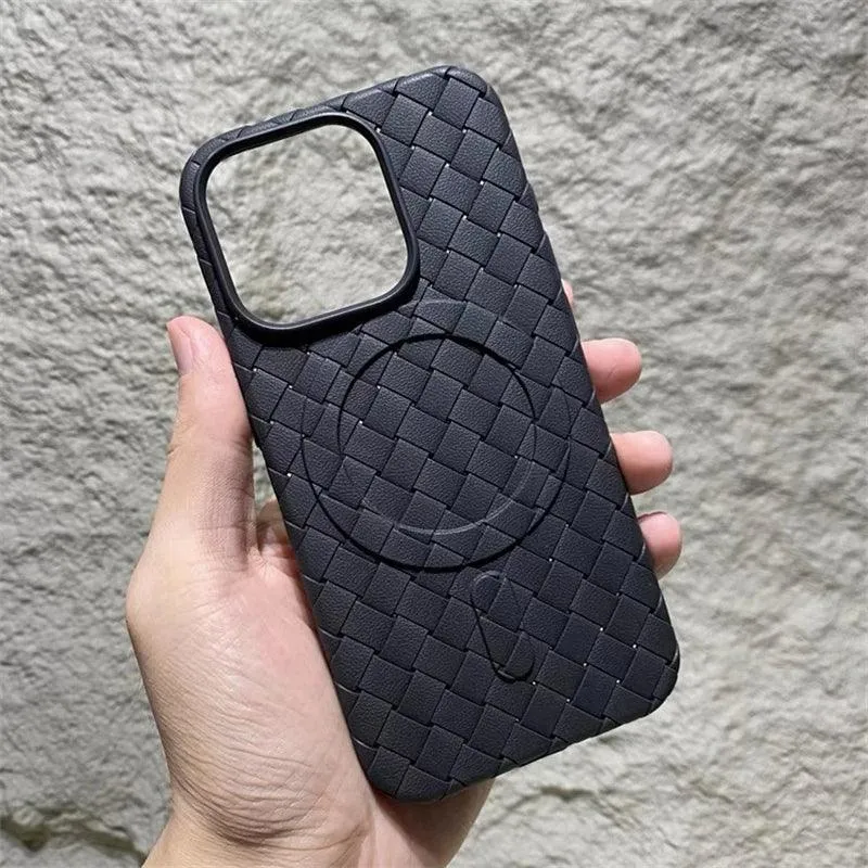 Luxury Weaving Grid Braided Mesh Leather Phone Case for iPhone 15 13, 14 Pro Max - Cute Design