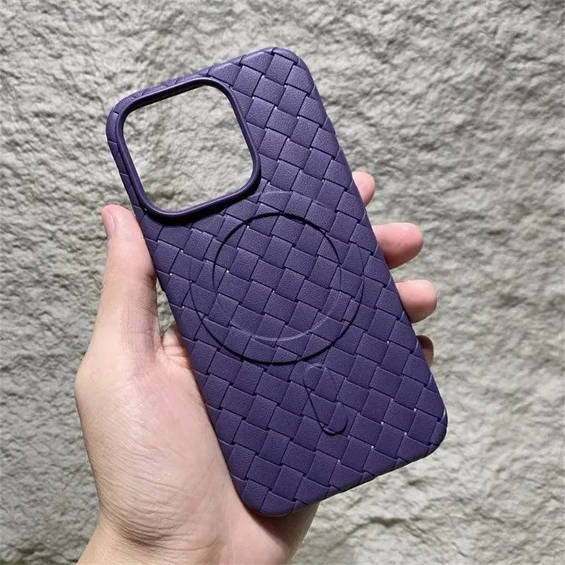 Luxury Weaving Grid Braided Mesh Leather Phone Case for iPhone 15 13, 14 Pro Max - Cute Design