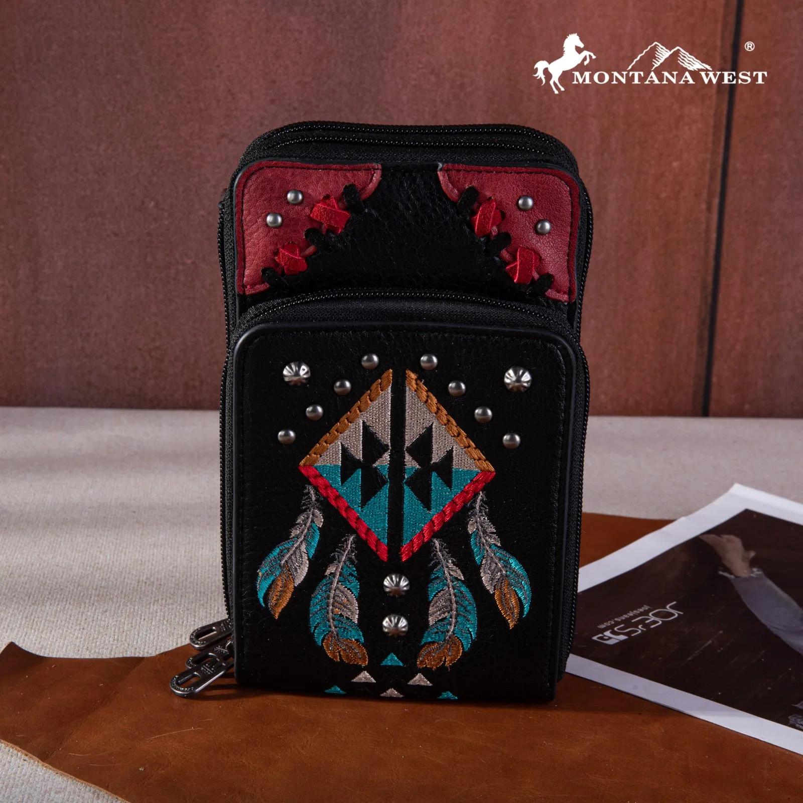 MW1246-183A  Montana West Embroidered Arrows Feathers Collection Phone Wallet/Crossbody