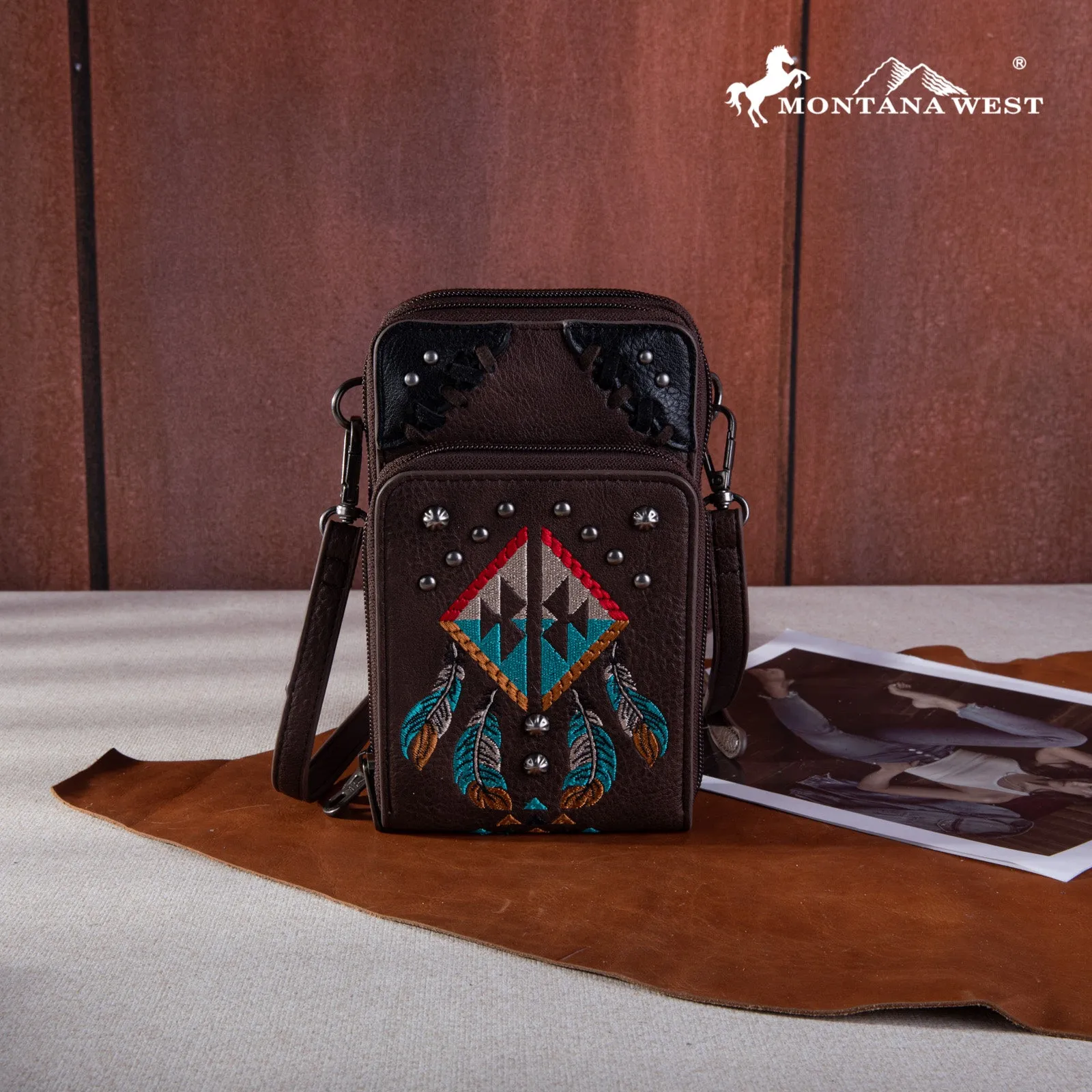 MW1246-183A  Montana West Embroidered Arrows Feathers Collection Phone Wallet/Crossbody