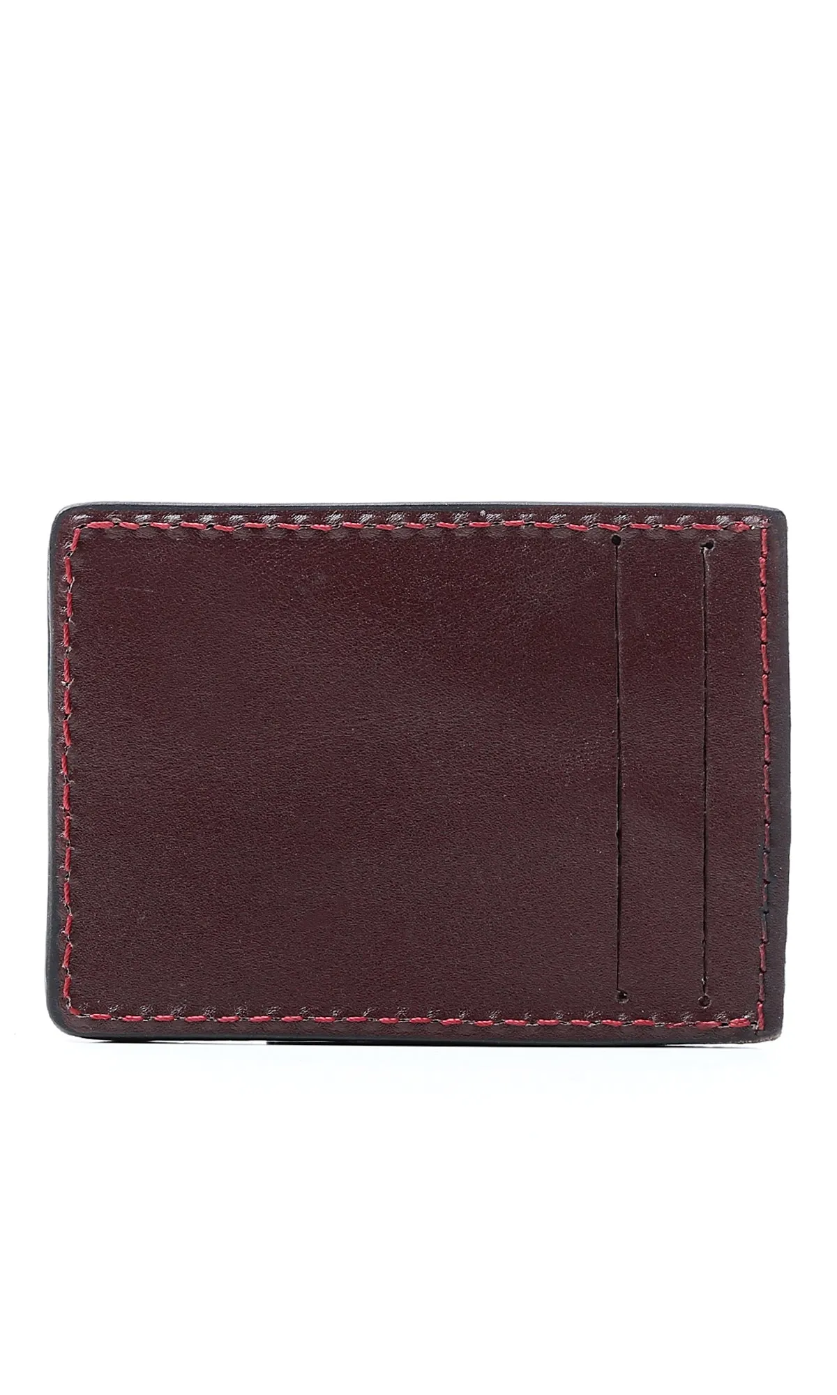 O174863 Stitched Trim Leather Cards Holder - Dark Burgundy