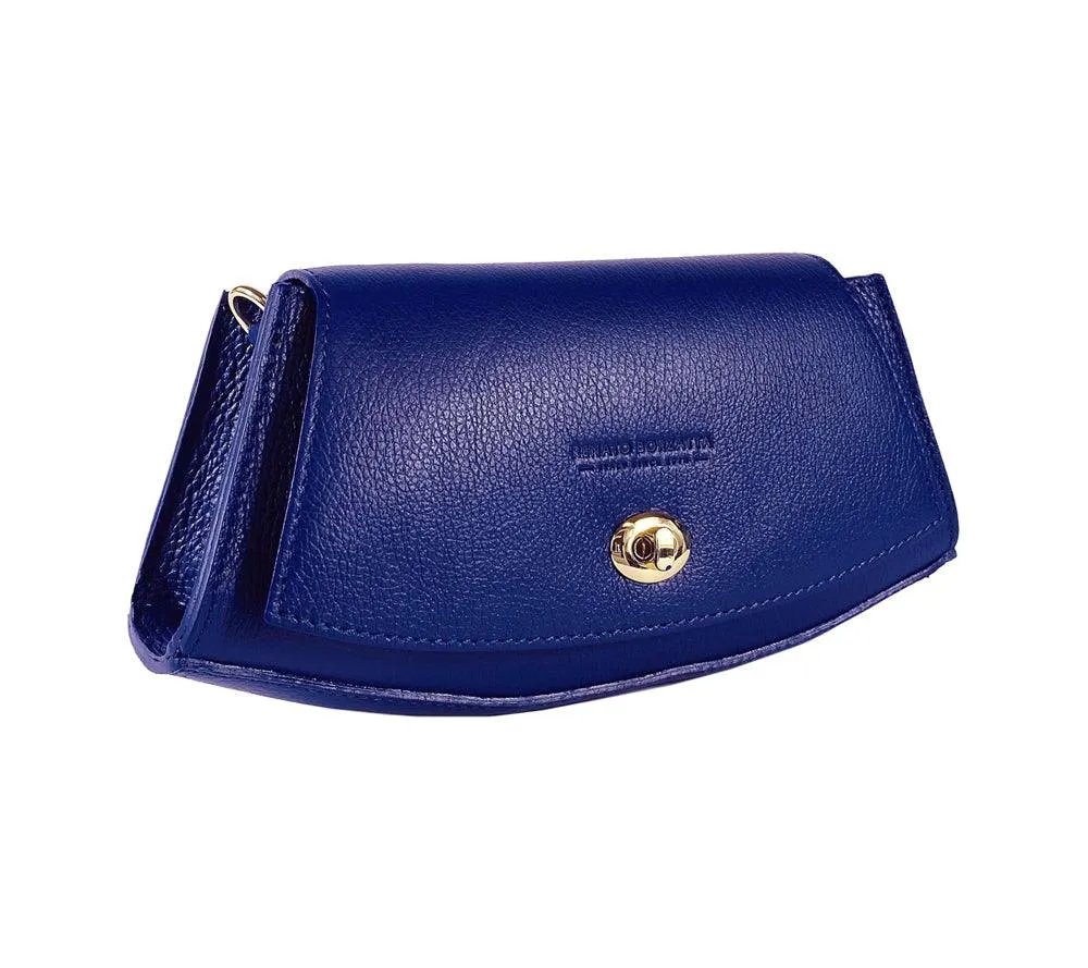 RB1009D | Borsa Donna a Spalla in Vera Pelle Made in Italy. Tracolla removibile. Attacchi con moschettoni in metallo Oro Lucido - Colore Blu - Dimensioni: cm 30 x 16 x 7