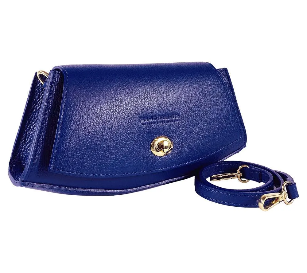 RB1009D | Borsa Donna a Spalla in Vera Pelle Made in Italy. Tracolla removibile. Attacchi con moschettoni in metallo Oro Lucido - Colore Blu - Dimensioni: cm 30 x 16 x 7