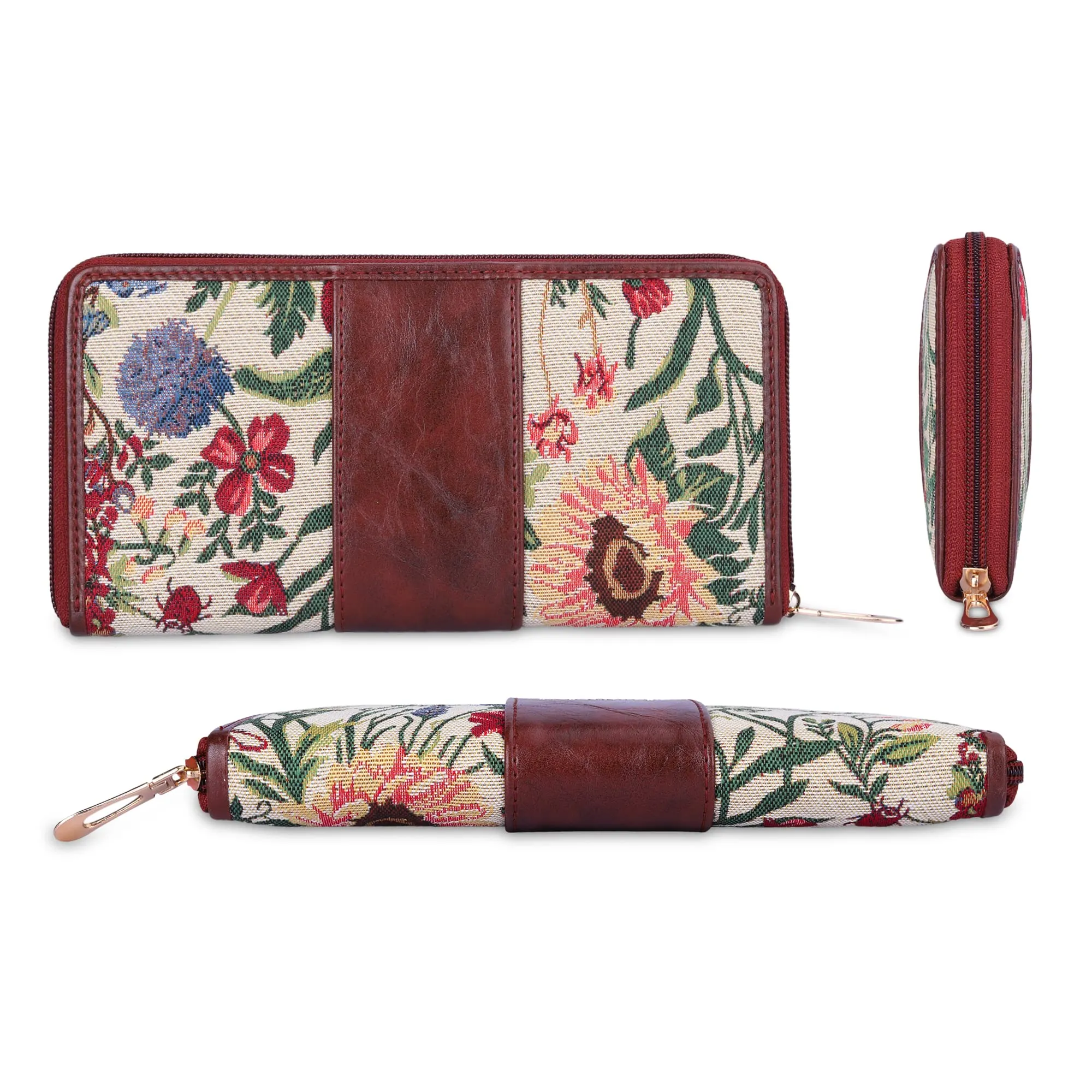 THE CLOWNFISH Aria Collection Tapestry Fabric & Faux Leather Zip Around Style Womens Wallet Clutch Ladies Purse with Card Holders (Flax)